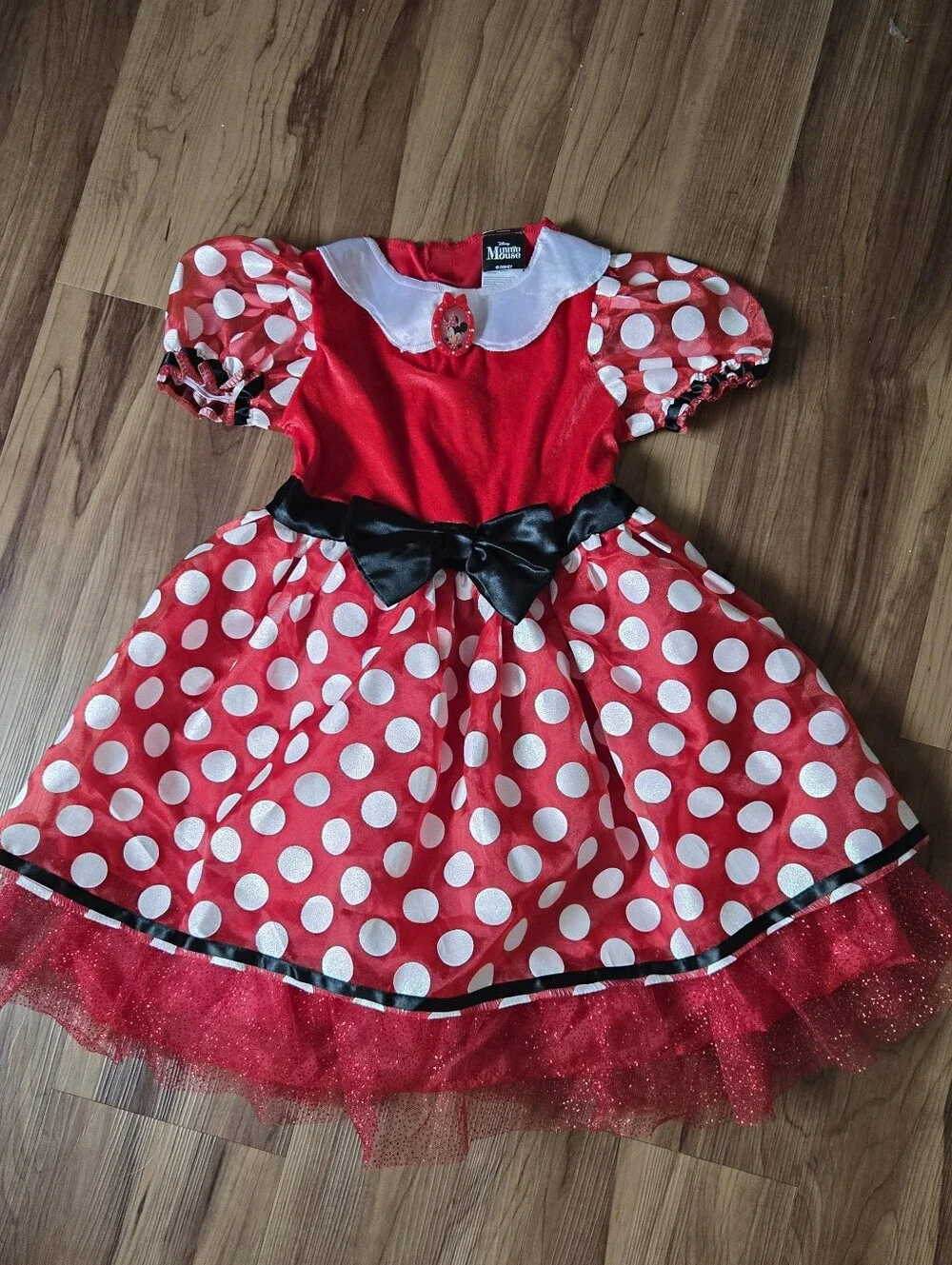 Disney Minnie Mouse Red Polka Dot Kids Tiered Costume Dress & Black Bow 6/6X EUC